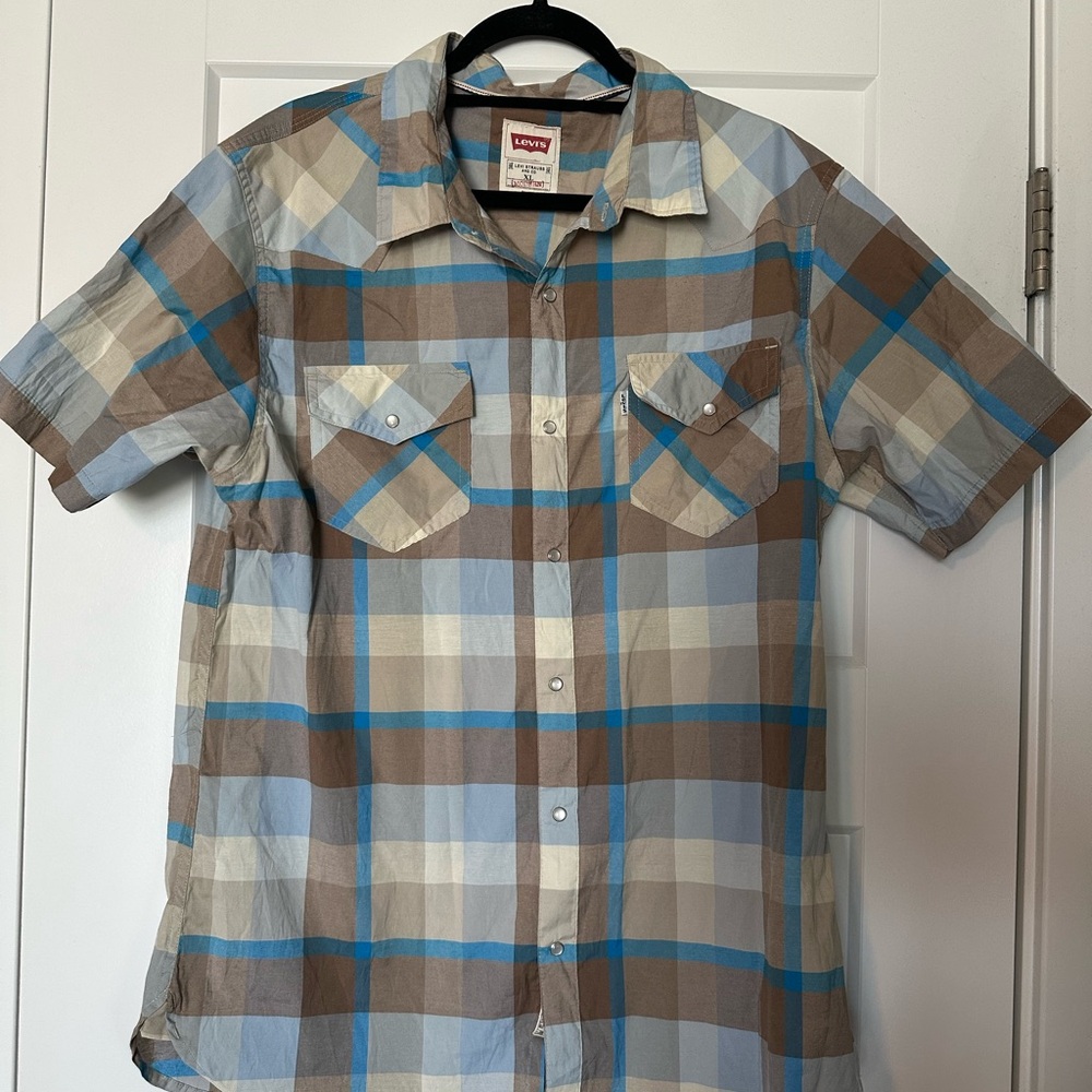 Levi's Men's Blue and Brown Plaid Snap Button-Down Shirt